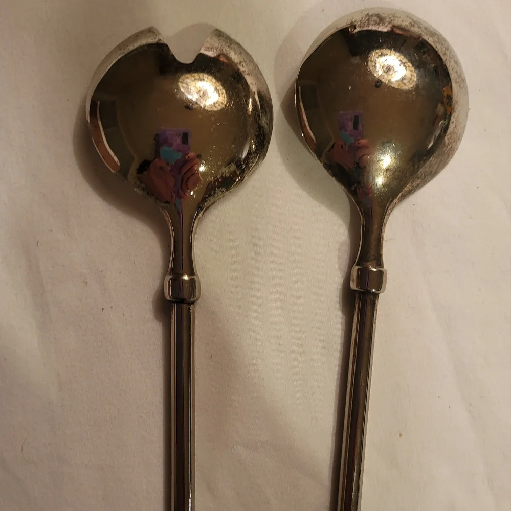 Mid Century Modern MCM Chrome Slim Round Handled Serving Fork & Spoon Se…